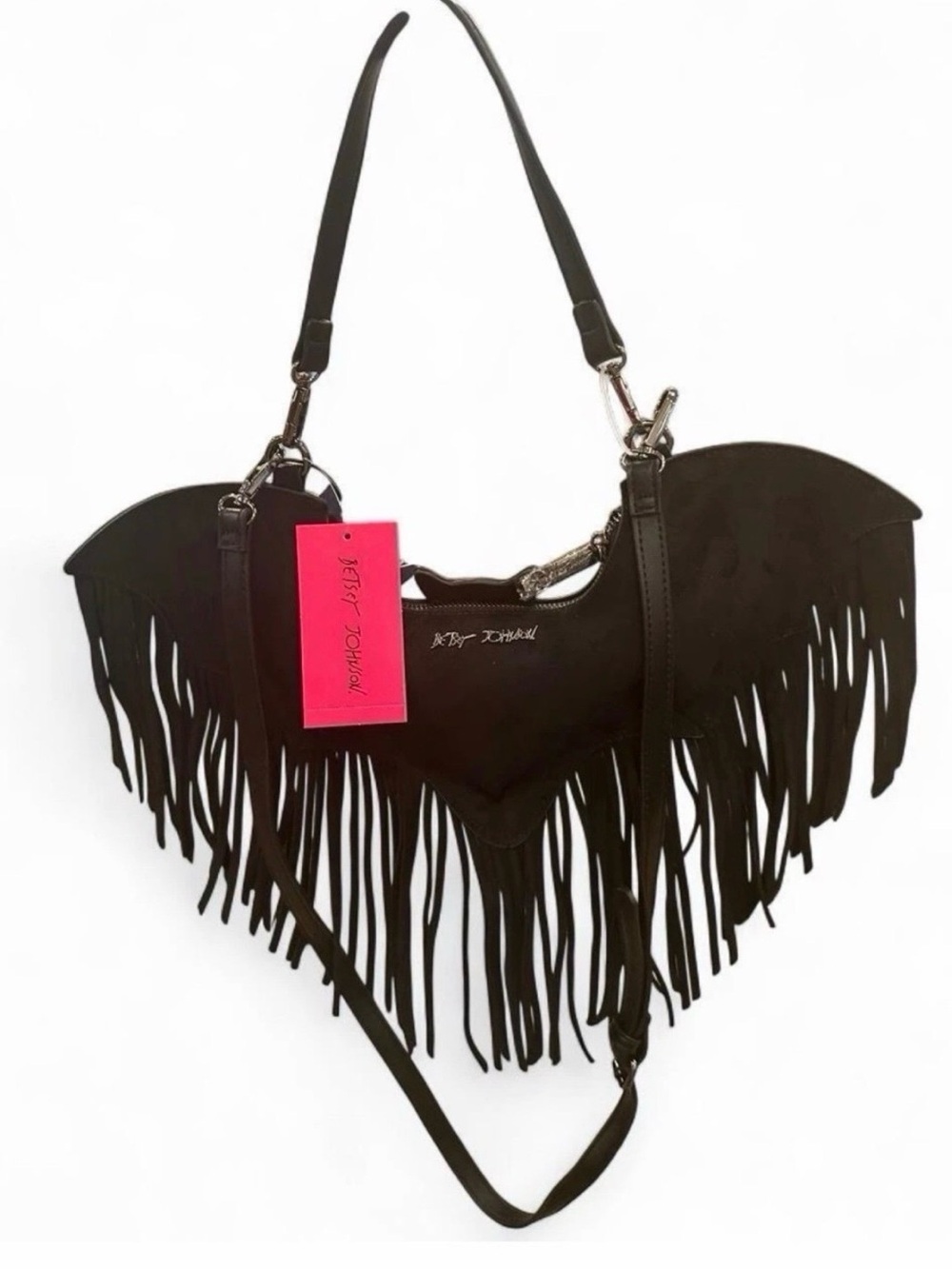 Betsey Johnson Black Fringe Heart Shoulder Bag with Pink Tag